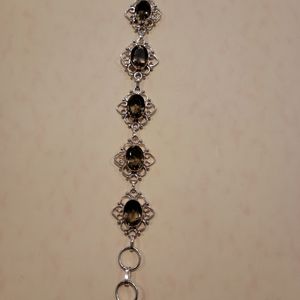 GORGEOUS 925 STERLING SILVER AND 5 BIG SMOKY QUARTZ NATURAL STONE BRACELET .